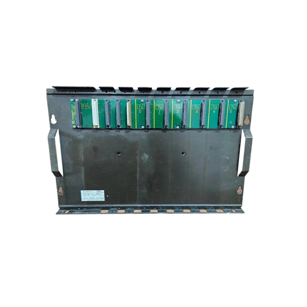 Fuji FSB126H MICREX-F mount board unit: 260x210x15mm steel panel, 1.1kg, 8 M4 threaded holes, holds 6 I/O modules. Technical specs for PLC installation.