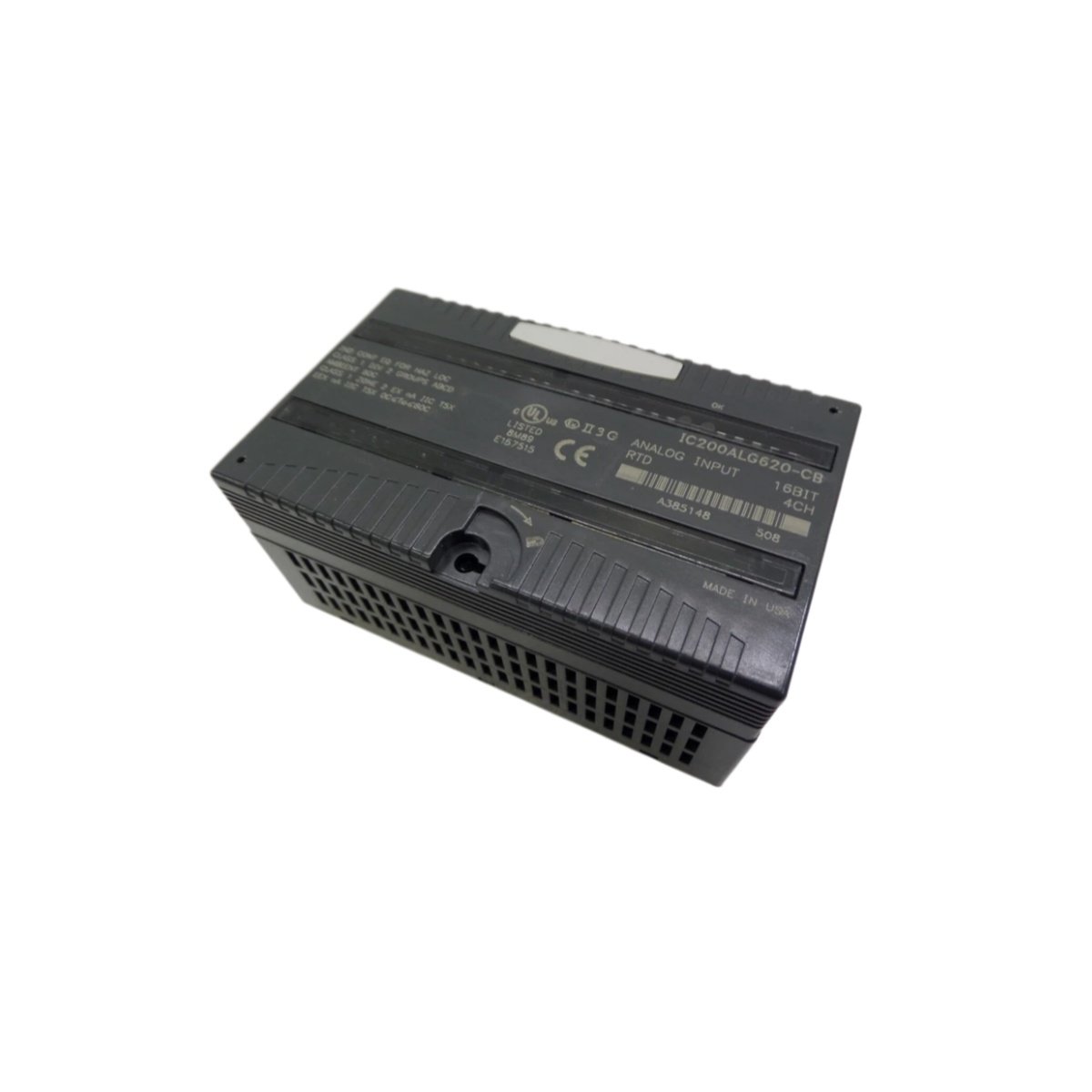 GE IC200ALG620-CB VersaMax analog RTD input module. 4 channels, PT100/PT1000/Ni100/Ni1000, 14-bit, ±0.1% accuracy, 0.14kg. Temperature input specs.