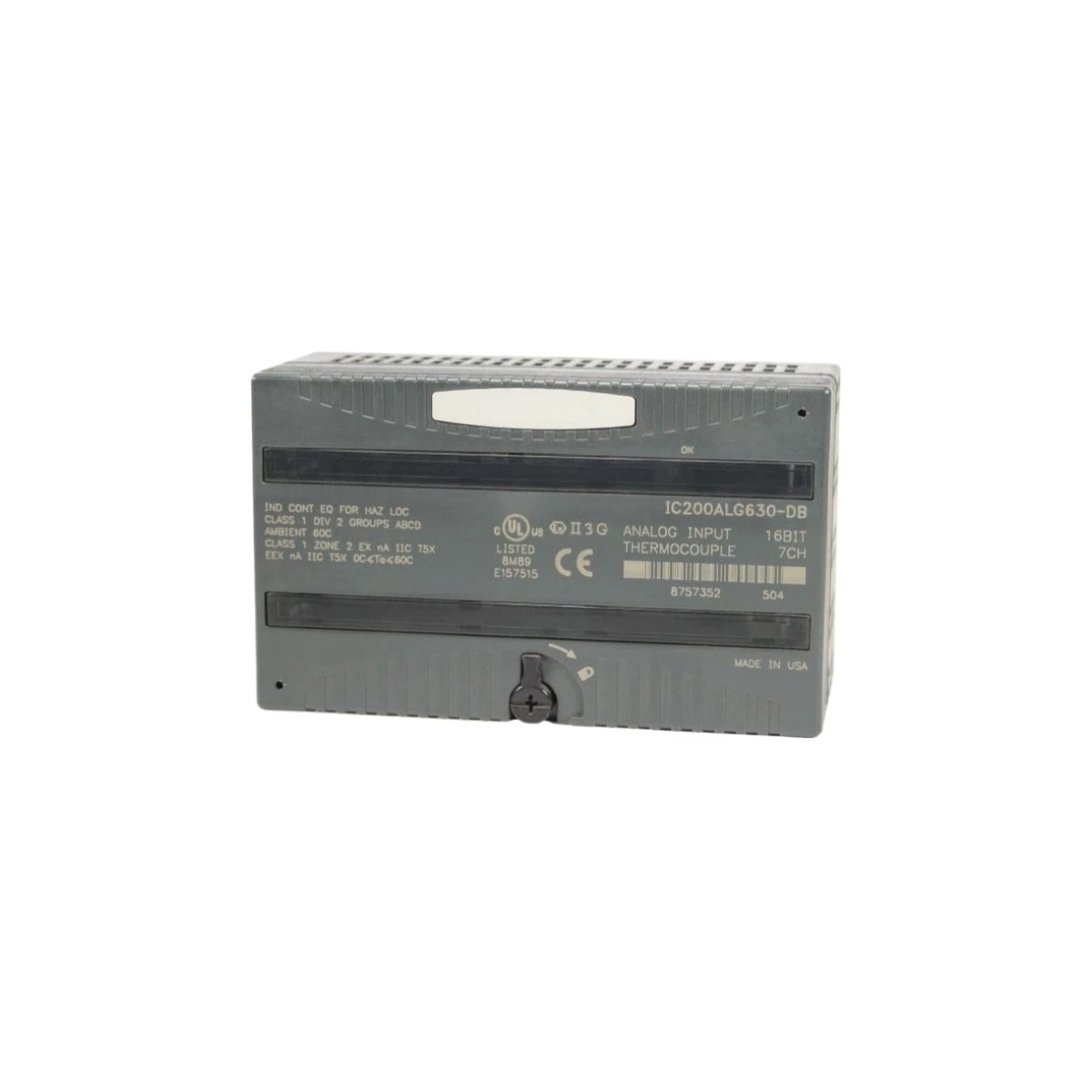GE IC200ALG630-DB analog input module: 7 thermocouple channels, 16-bit, types J/K/T/E/N/R/S/B, VersaMax backplane, 110x66x100 mm, 0.30 kg.GE IC200ALG630-DB analog input module: 7 thermocouple channels, 16-bit, types J/K/T/E/N/R/S/B, VersaMax backplane, 110x66x100 mm, 0.30 kg.