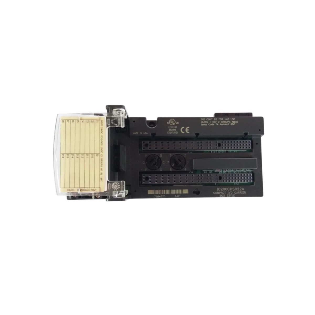 GE IC200CHS022A VersaMax Compact I/O carrier offers 2 module slots, 35 mm DIN rail mount, 24 V supply, and 1.0 A backplane capacity
