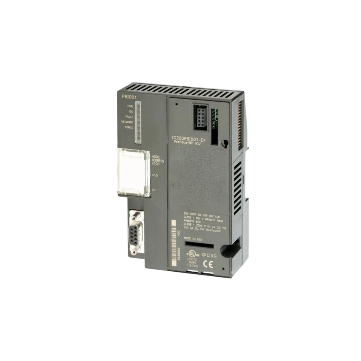 GE IC200PBI001-DF Profibus-DP slave for VersaMax. 9.6Kbps-12Mbps, 244 bytes I/O, DPV0/DPV1, fits modular/redundant systems. Seamless integration.
