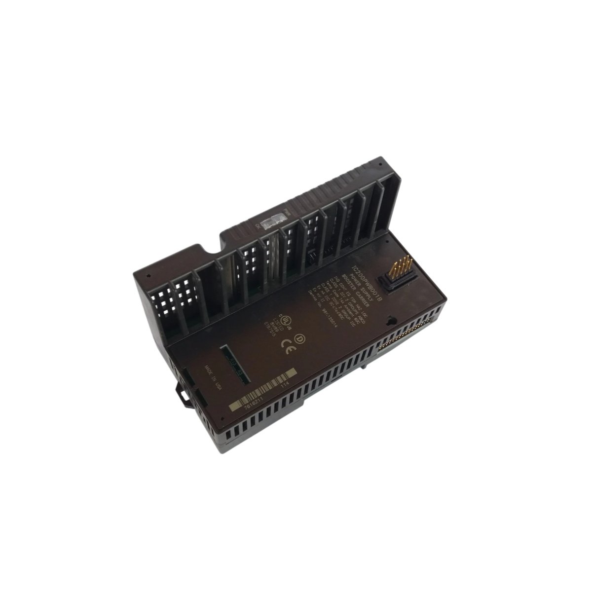 GE IC200PWB001B power supply booster carrier: VersaMax compatible, 24 VDC, backplane connector, supports one booster supply, 110x66x100 mm, 0.25 kg.