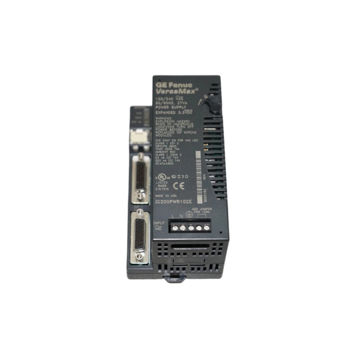 Meta Description:GE IC200PWR102E VersaMax expanded power supply. 85-264VAC input, 3.3/5VDC 1.5A output, 20ms hold-up, hot-swappable. Reliable PLC power.
