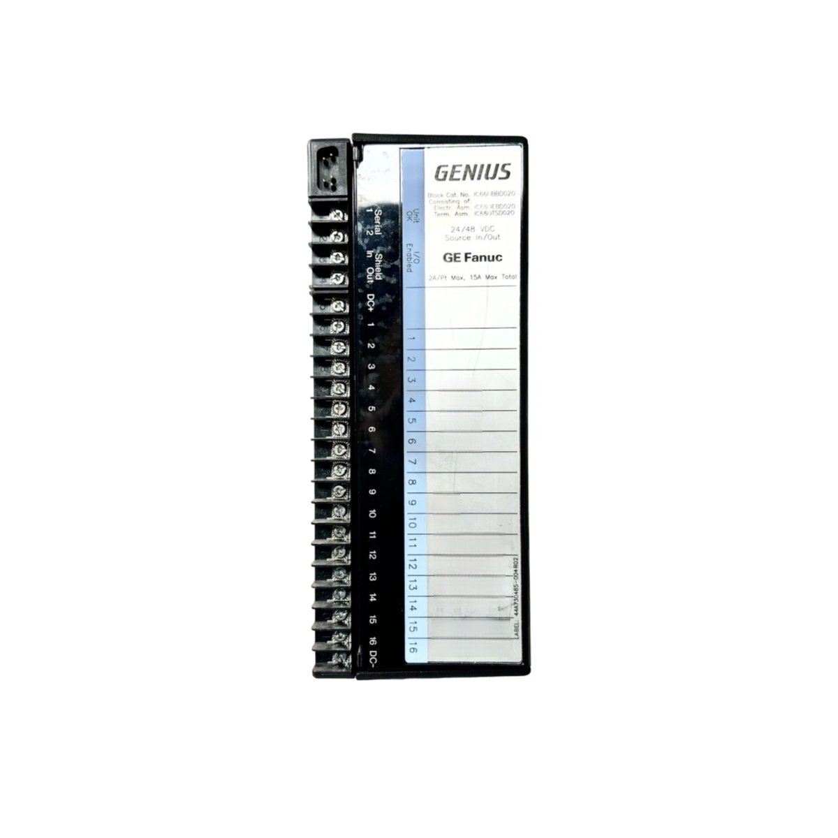 GE IC660BBD020 DC source I/O block offers 16 inputs and 16 outputs, 0.5 A per point, Genius bus communication, and robust diagnostics