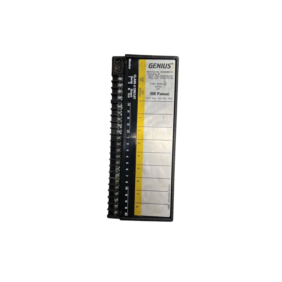 GE IC660EBD101 electronics assembly block offers 4 I/O module slots, Genius bus communication at 153.6 kbps, 24 V supply, and DIN rail