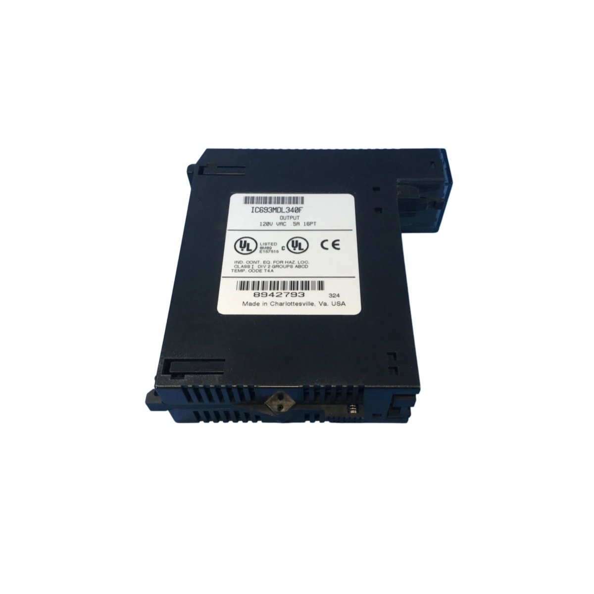 GE IC693MDL340F Series 90-30 AC output module delivers 16 points in 2 isolated groups, 0.5A per point, 85–132VAC, 1500V isolation.