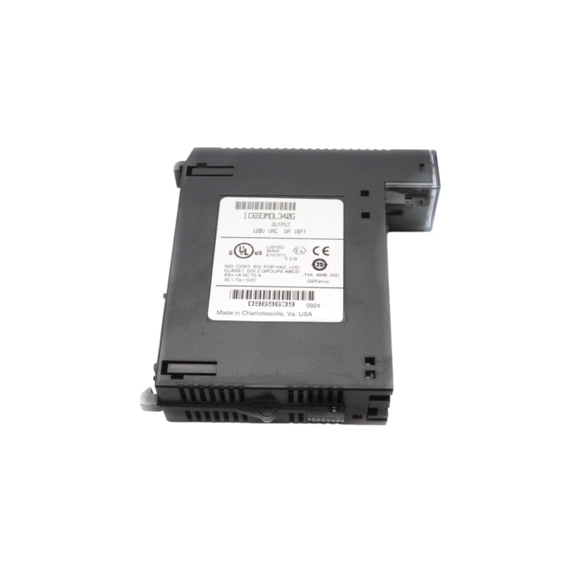 GE IC693MDL340G 16-point 120VAC output module for Series 90-30. 0.5A per point, 3A per group, RC snubbers, 20A inrush. Reliable AC load control.