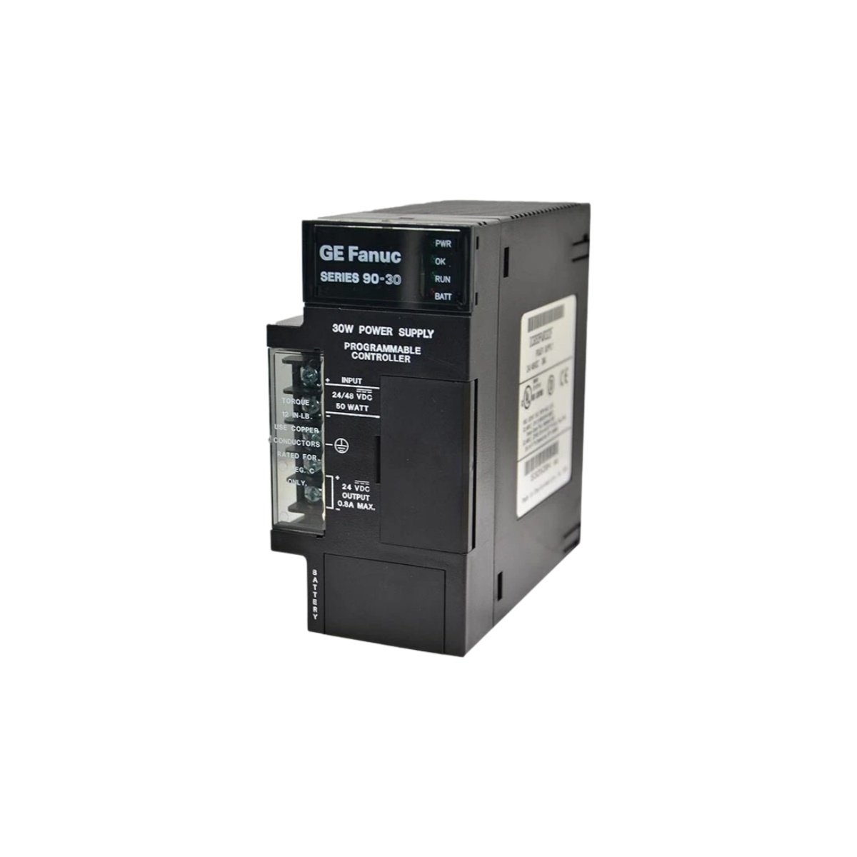 GE IC693PWR322F power supply module for Series 90-30 PLC. Review dimensions, weight, input and output voltage, interface, and mounting specs for racks.