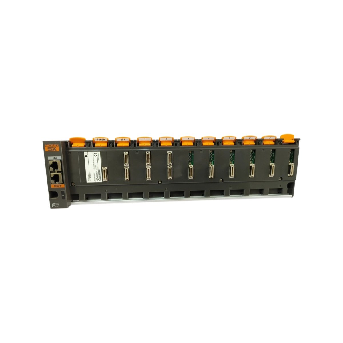 Fuji NP1BS-11 MICREX-SX base board: 11 slots, 3 processor buses, 413×105×31mm, 720g, 60mA draw. Technical specs for industrial PLC systems.