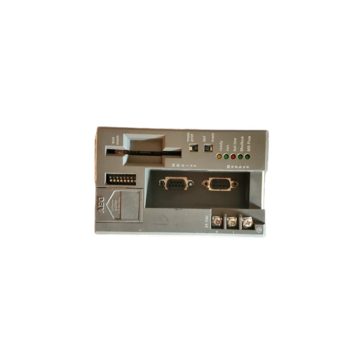 Schneider PCE984245 Modicon Compact CPU. 8K logic memory, 2.5ms/K scan, Modbus + Modbus Plus ports, 24V DC, 0.52kg. 984 ladder logic controller specs.