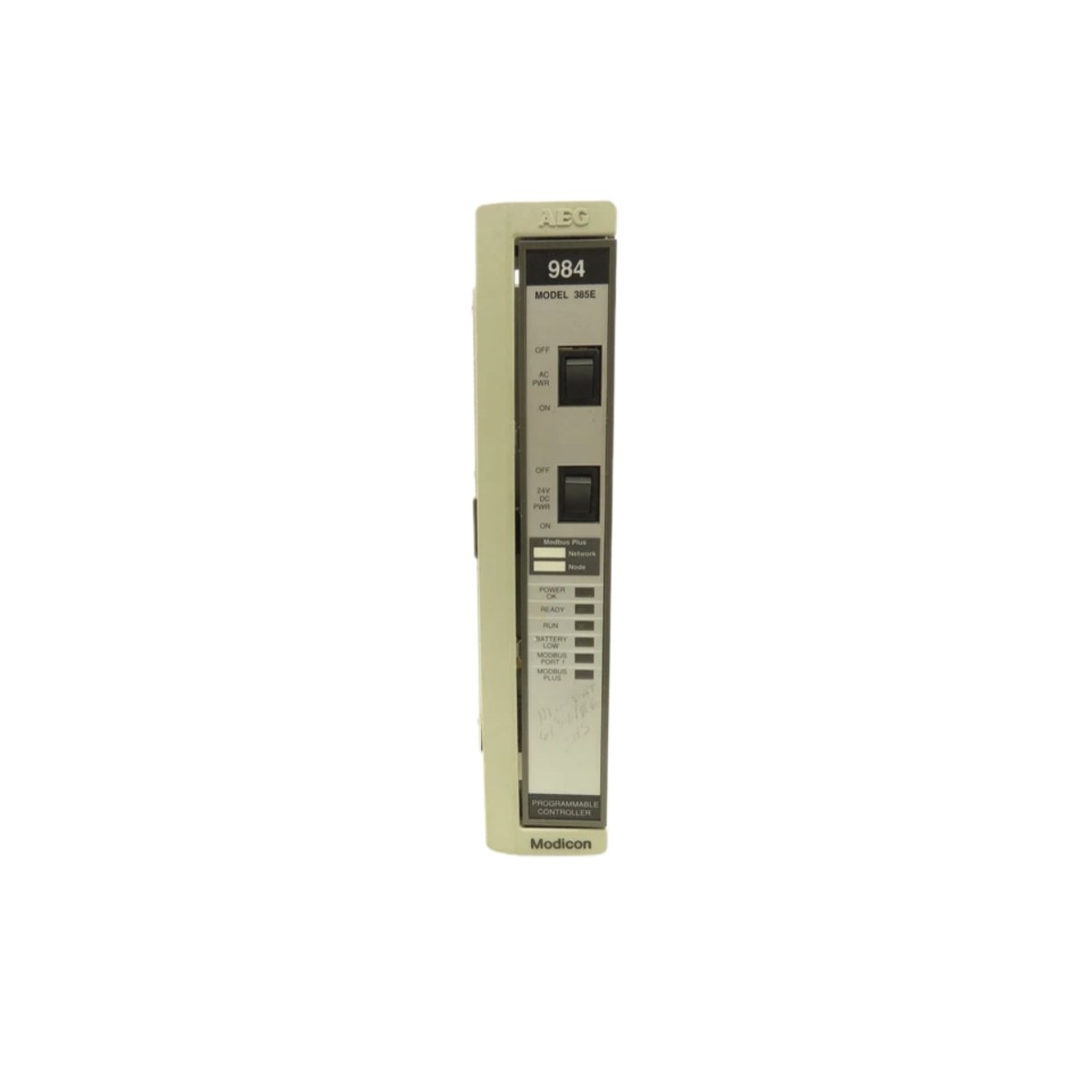 Schneider PCE984485 CPU module: 16-bit CPU, 64 KB RAM, Modbus RS-485, 250x40x180 mm, 0.90 kg, 5 VDC, 3.6 V battery backup, 984 series compatible.