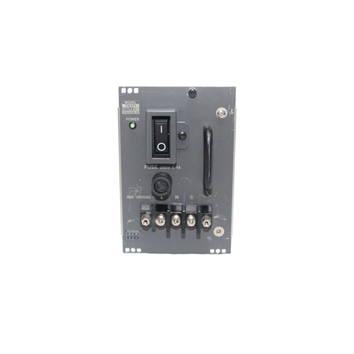 Yokogawa PW501: power supply unit with 100–240 V AC input, 24 V DC regulated output, 150 W power, overvoltage protection. View full specs.