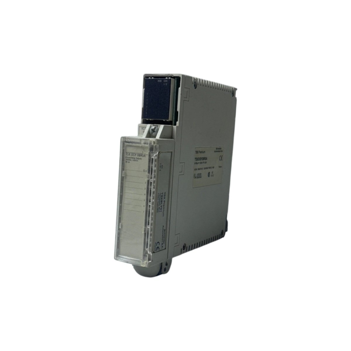 Schneider TSXDSY08R5 discrete output module delivers 8 relay outputs at 2 A per channel, 20M mechanical life, and diagnostics for Modicon Premium PLC.