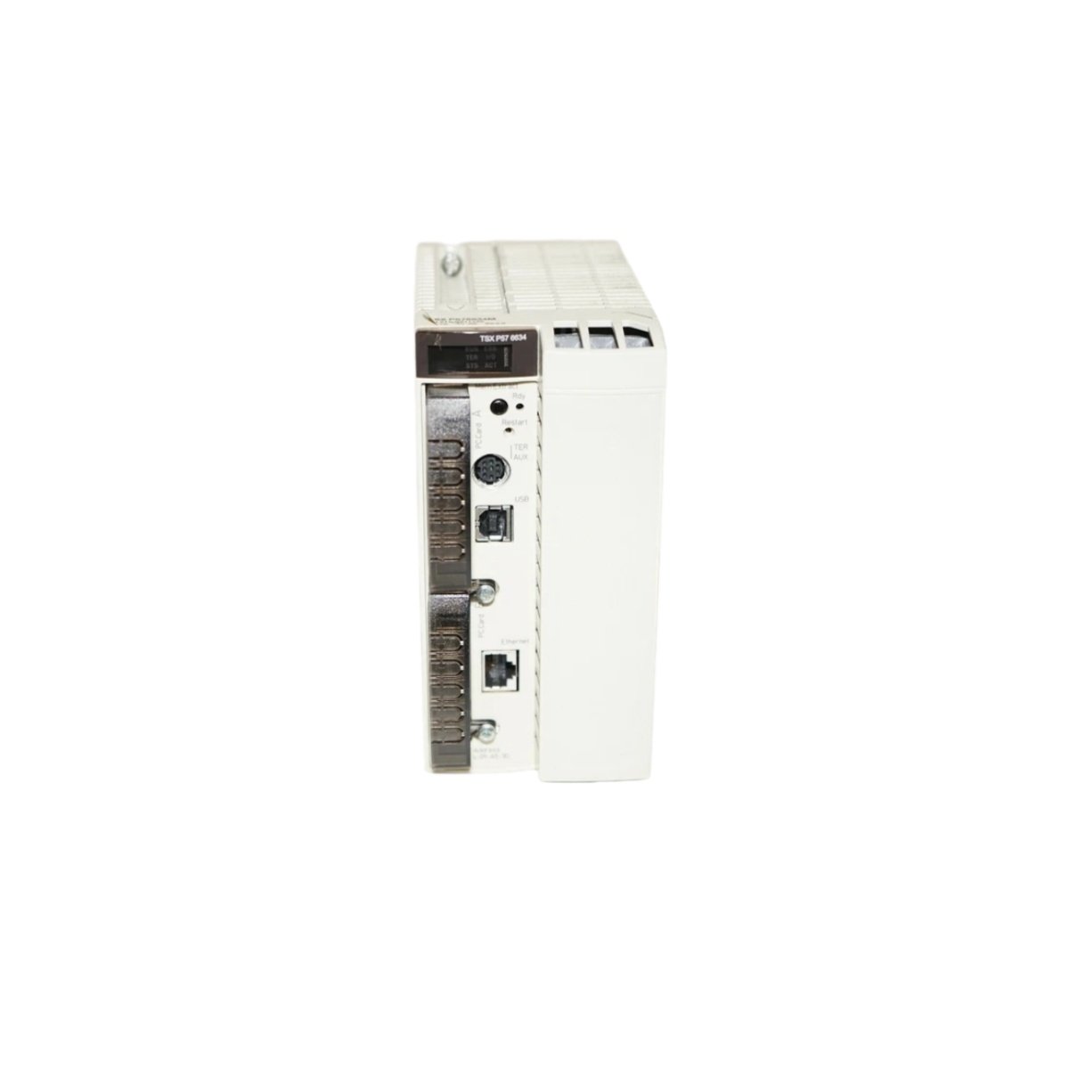 Schneider TSXP576634 Unity processor offers 7K instruction capacity, Ethernet and serial ports, and 220 µF backup. View full dimensions and specs here.