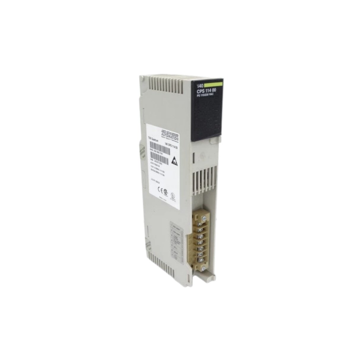 Schneider 140CPS11400 controller module delivers 24 V DC at 8 A, accepts 100–240 V AC input, and fits Modicon Quantum racks. View full specs.