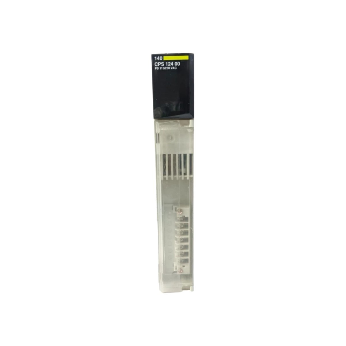 Schneider 140CPS12400 power supply module delivers 24 V DC at 8 A, accepts 100–240 V AC input, and supports Modicon Quantum redundancy.
