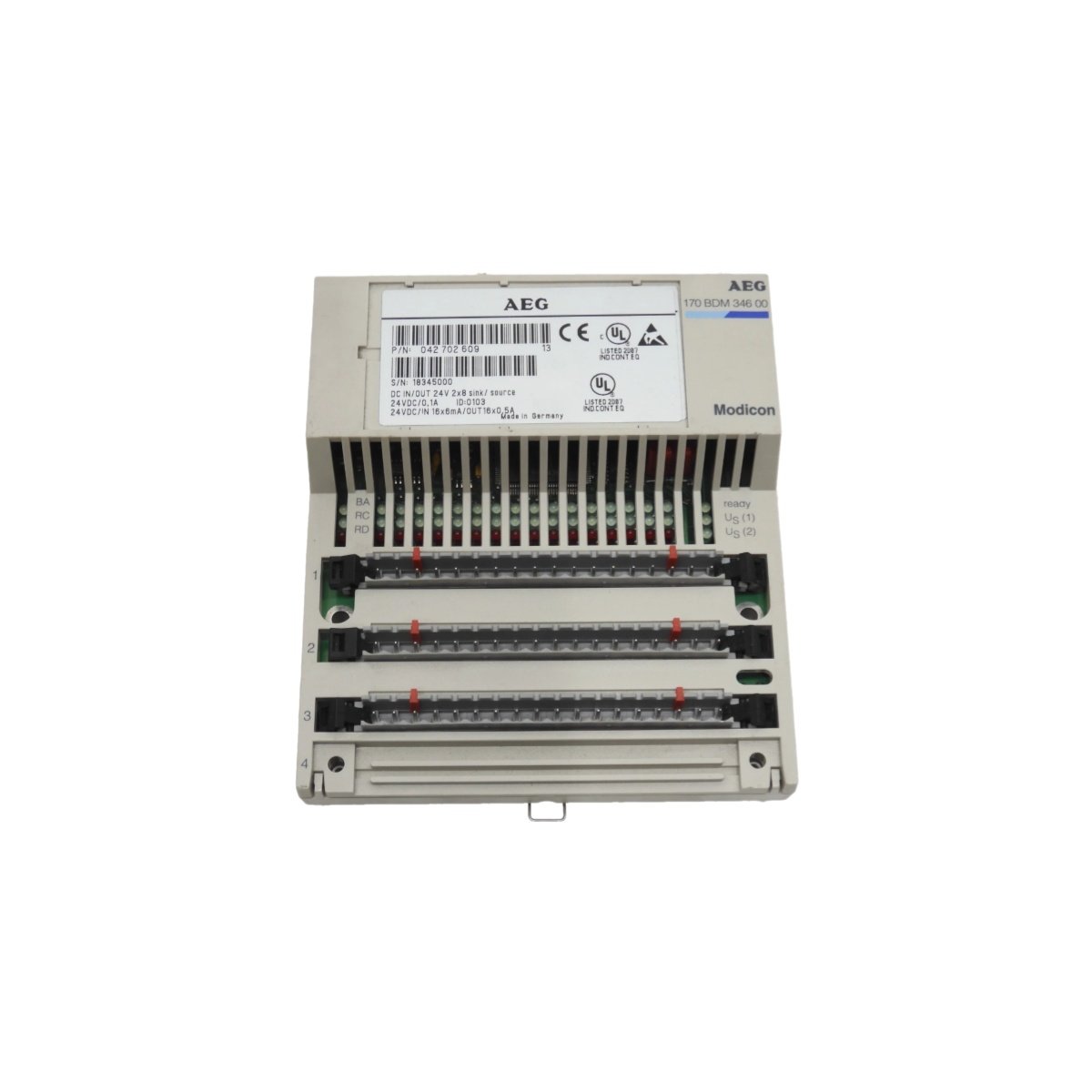 Schneider 170 BDM 346 00 digital I/O module offers 16 inputs, 16 outputs, 24 V DC operation, optical isolation, and compact Momentum design.