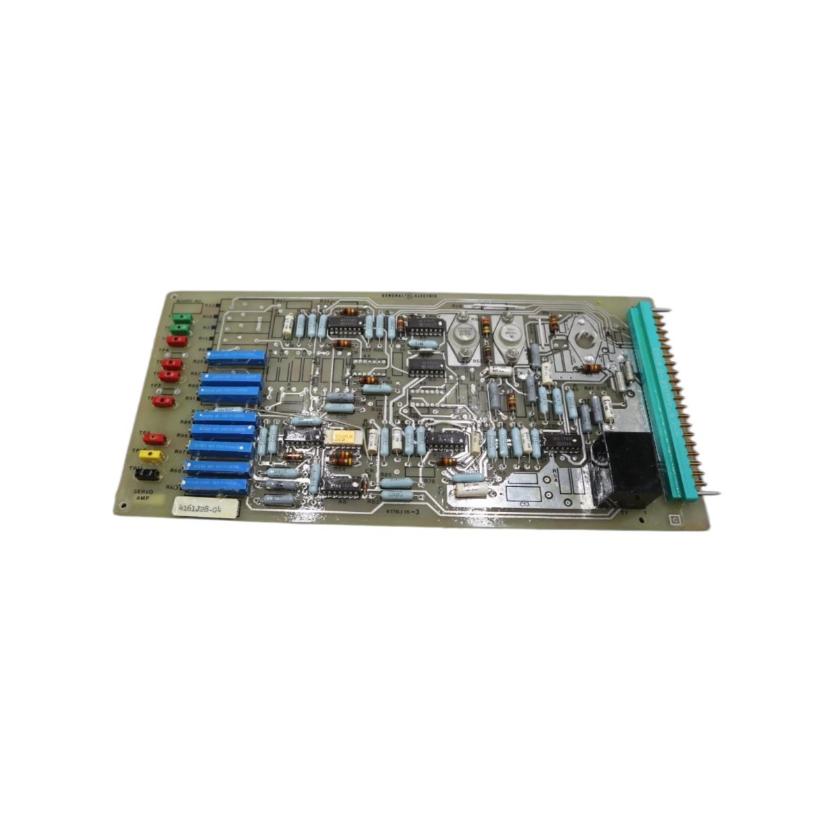 GE 4161J28-G03 servo amplifier card for FANUC CNC. Velocity and torque command processing, rack mount. View dimensions and full specs.