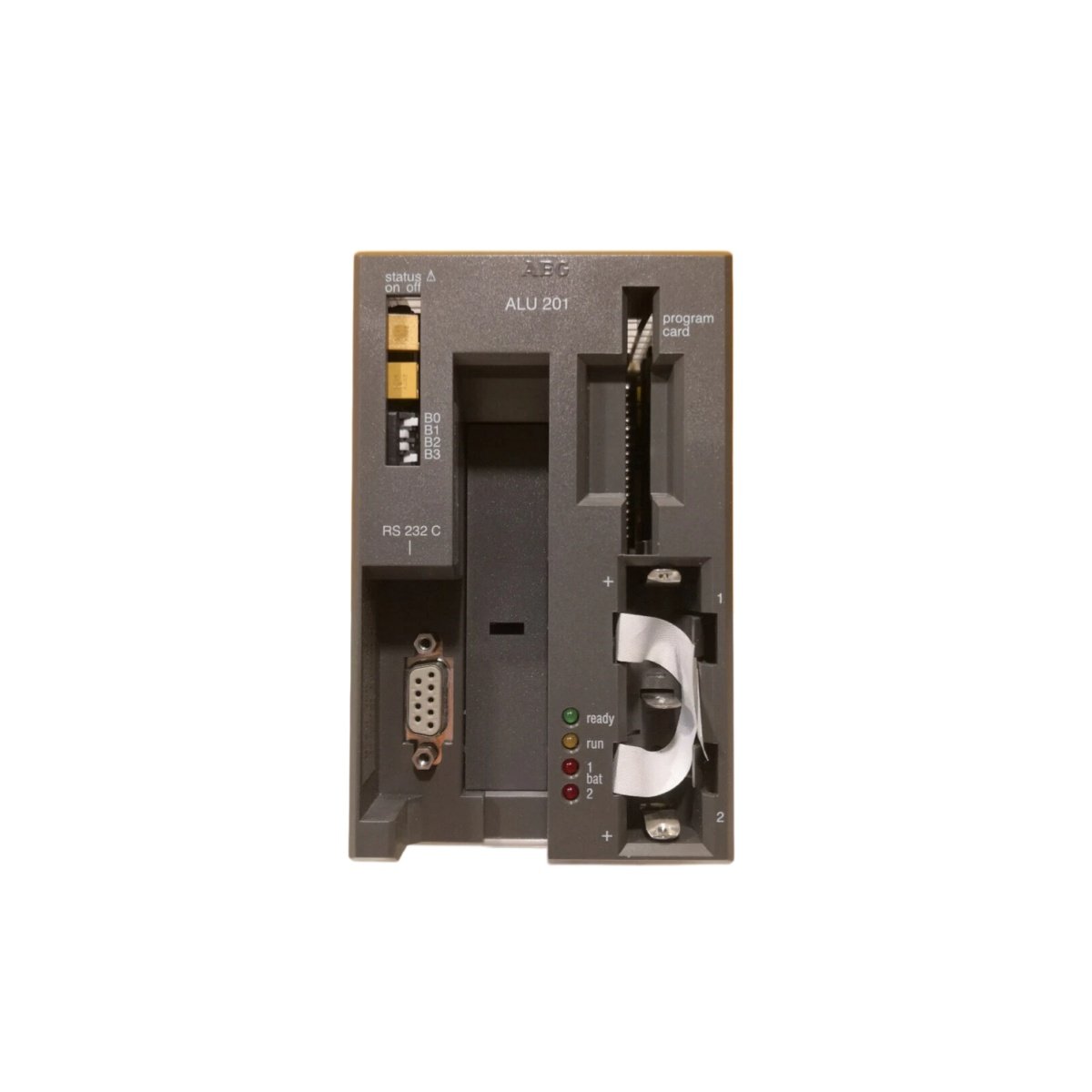 Schneider ALU 201 CPU module for Modicon 984 systems. Backplane connectors, run and fault LEDs, battery-backed memory. View full specs.