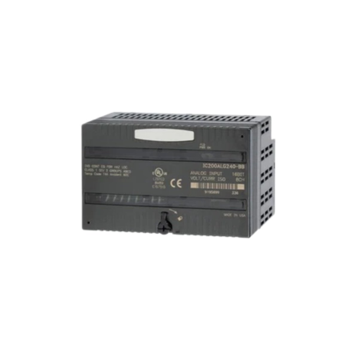 GE IC200ALG240-BB analog input module: multiple channels, 110×100×40 mm, 0.2 kg, 24 V DC backplane. Technical specs for VersaMax PLC systems.