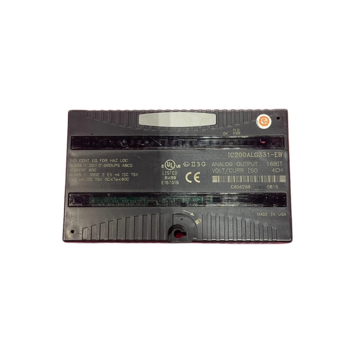 GE IC200ALG331-EB analog output module for VersaMax PLC. Four channels, 12-bit, 4–20 mA and 0–10 V ranges. View dimensions, weight, and specs.