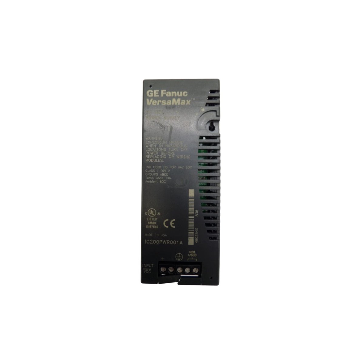 GE IC200PWR001A power supply module for VersaMax PLC. AC input, 5 VDC and 24 VDC rails, DIN rail mount. View dimensions and full specs.