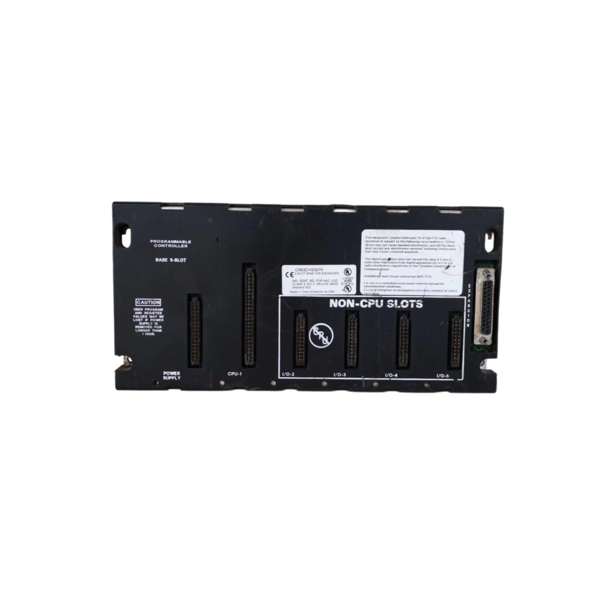 GE IC693CHS397K 5-Slot Modular CPU Baseplate for Series 90-30 PLCs. View dimensions, weight, slot count, and energy storage specs. Full details here.
