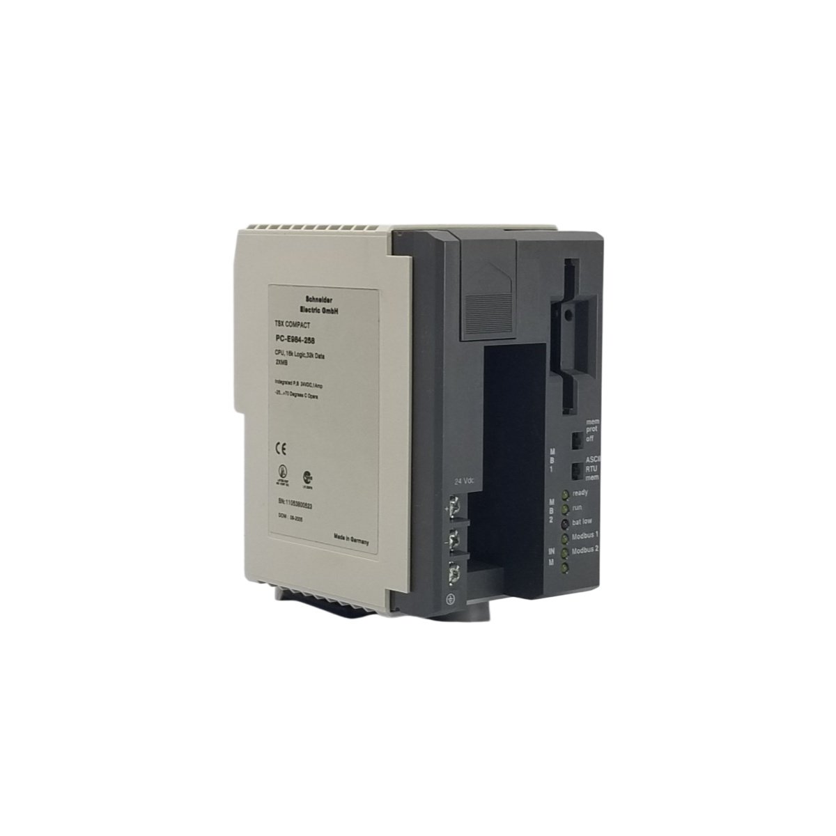 Schneider PCE984258R CPU module for Modicon 984 systems. Backplane connectors, run and fault LEDs, battery-backed memory. View full specs.