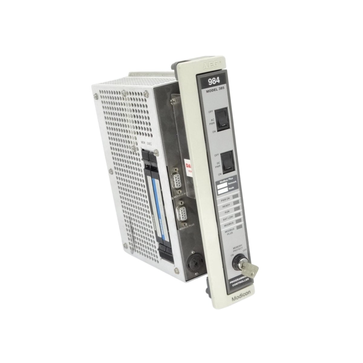 Schneider PCM984230 CPU controller for Modicon 984 systems. Backplane connectors, run and fault LEDs, battery-backed memory. View full specs.