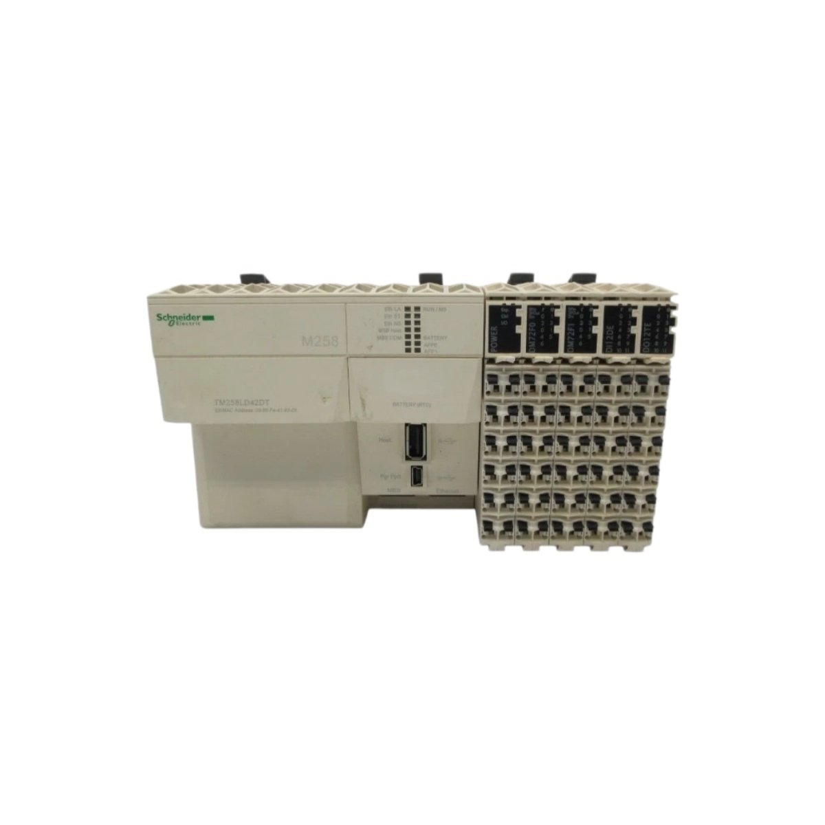 Schneider TM258LD42DT programmable logic controller. 42 embedded I/O, dual Ethernet, 24 VDC transistor outputs. View dimensions and full specs.