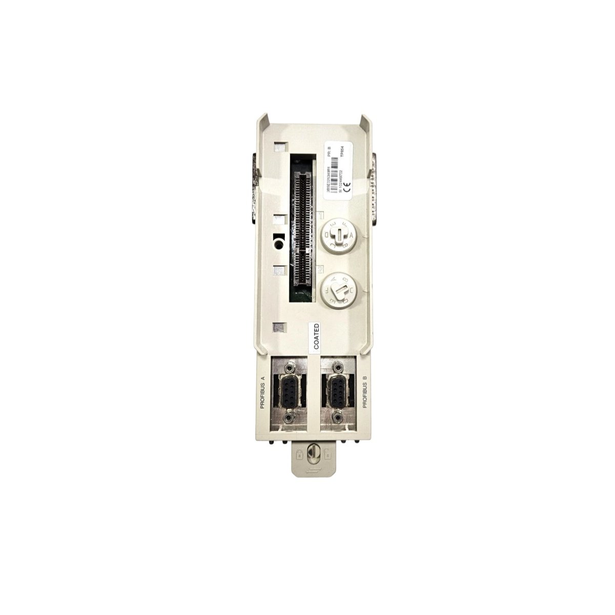 ABB TP854 3BSE025349R1 baseplate for S800 I/O. Screw terminals, DIN rail mount, supports 2-wire and 3-wire wiring. View full specs.