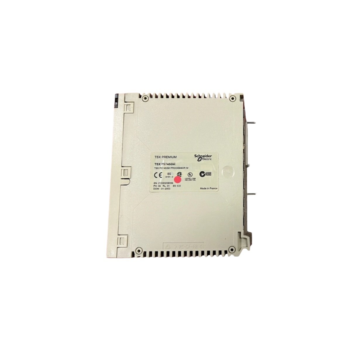 Schneider TSXP57453M 574X3 FIP PL7 processor features 32-bit CPU, 2 MB RAM, FIP fieldbus ports, 512 I/O points, and 24 V DC power.